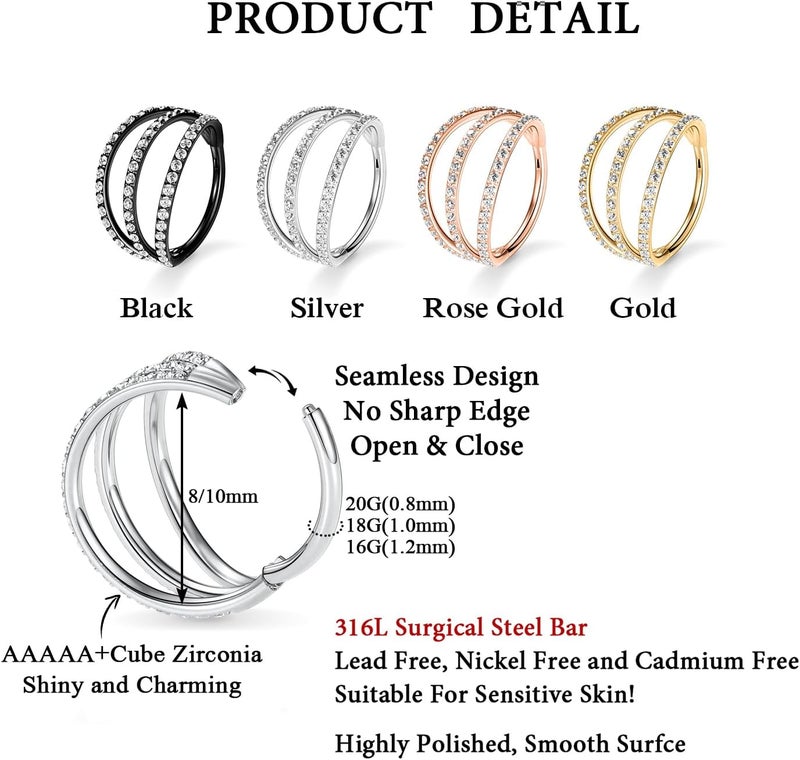FUNLMO Store 316L Surgical Steel Nose Hoop Septum Conch Piercing Jewelry Cartilage Daith Helix Tragus Rook Lobe Earring Triple/Double Nose Lip Ring 20G 18G 16G - Image 2
